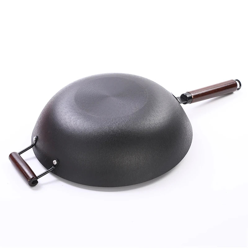 RTS Traditional Cookware Accessories Chinese Cast Iron Wok Pan Non-stick Wooden Handle Wok Pan