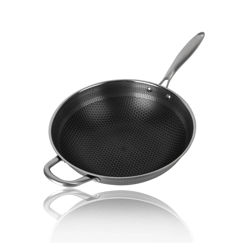 Kitchen Utensils Stainless Steel Handle Etched Double-sided Engraved Flowers Wok Pan Non Stick Coating Frying Pan