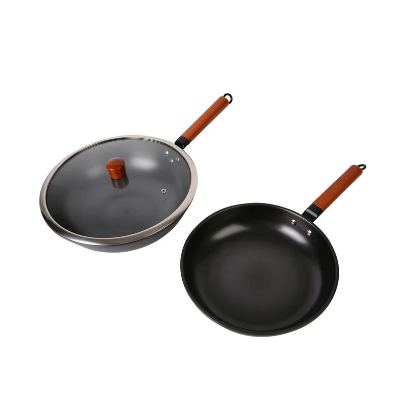 Black Stainless Steel Fry Pans Nonstick Coating Iron Cookware Set Wok Pan Multi Functional Cooking Sets With Glass Cover