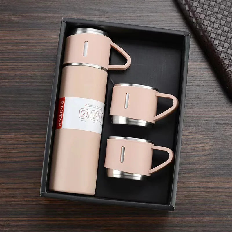 Hot Sale Custom Reusable Coffee Termos Bottle One Cup Two Lid Gift Box Tea Mugs 304 Stainless Steel Vacuum Tea Cup Sets