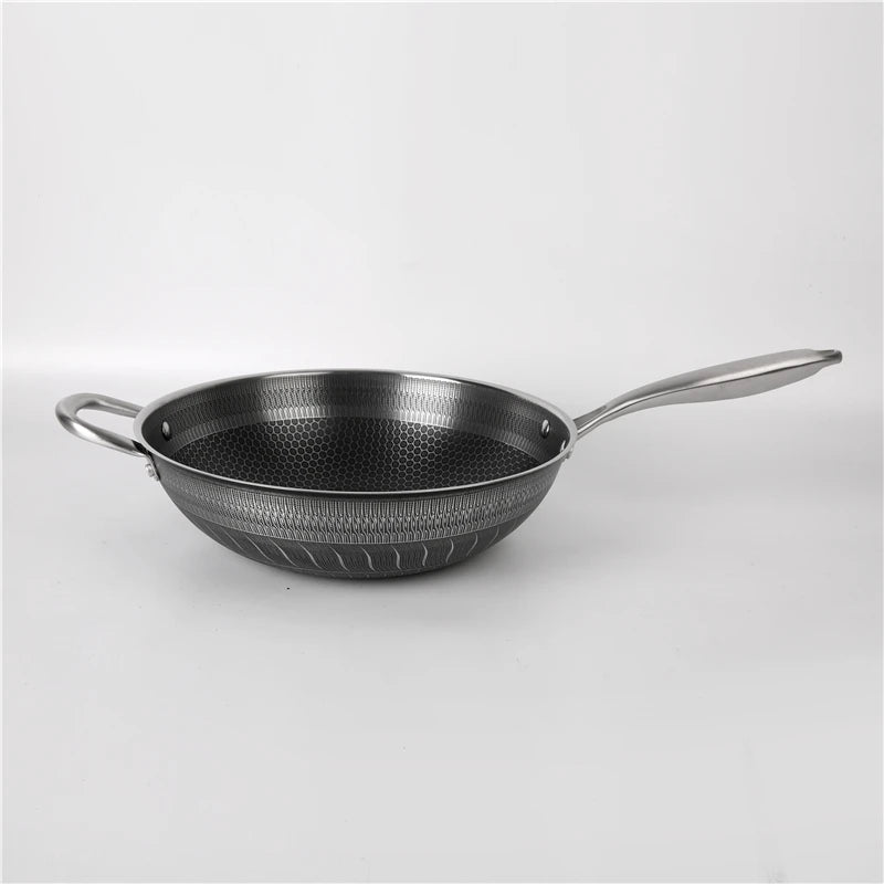 Kitchen Utensils Stainless Steel Handle Etched Double-sided Engraved Flowers Wok Pan Non Stick Coating Frying Pan