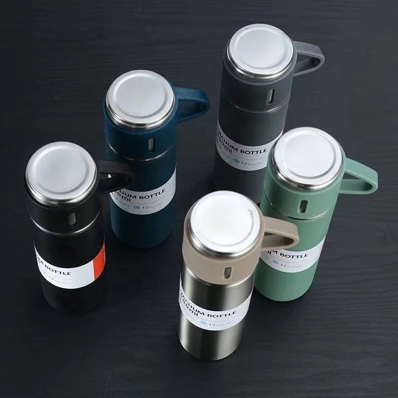 Hot Sale Custom Reusable Coffee Termos Bottle One Cup Two Lid Gift Box Tea Mugs 304 Stainless Steel Vacuum Tea Cup Sets