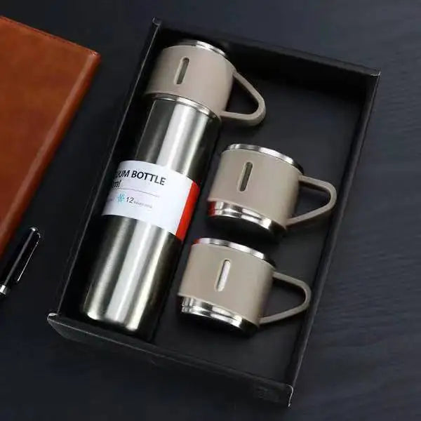 Hot Sale Custom Reusable Coffee Termos Bottle One Cup Two Lid Gift Box Tea Mugs 304 Stainless Steel Vacuum Tea Cup Sets