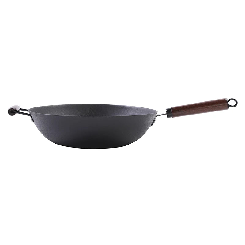 RTS Traditional Cookware Accessories Chinese Cast Iron Wok Pan Non-stick Wooden Handle Wok Pan