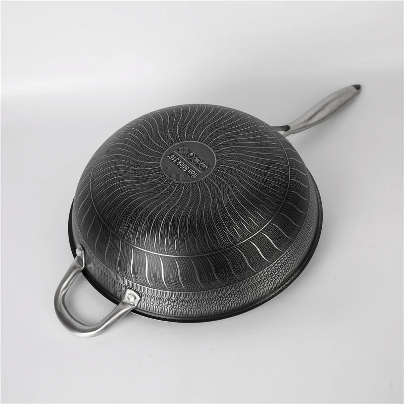 Kitchen Utensils Stainless Steel Handle Etched Double-sided Engraved Flowers Wok Pan Non Stick Coating Frying Pan