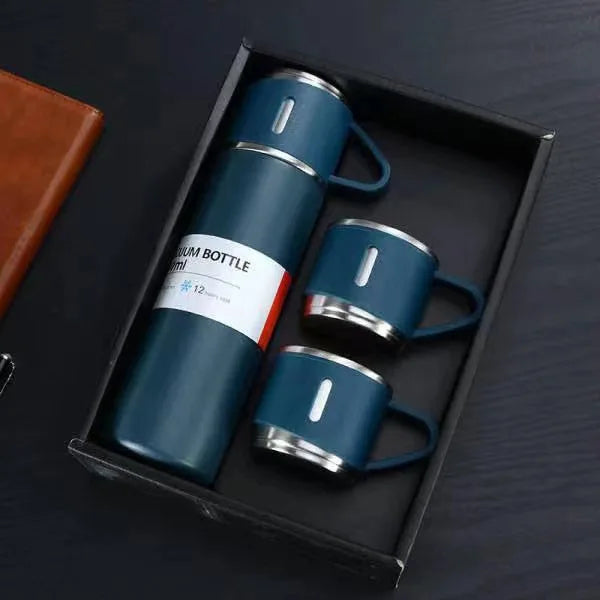Hot Sale Custom Reusable Coffee Termos Bottle One Cup Two Lid Gift Box Tea Mugs 304 Stainless Steel Vacuum Tea Cup Sets