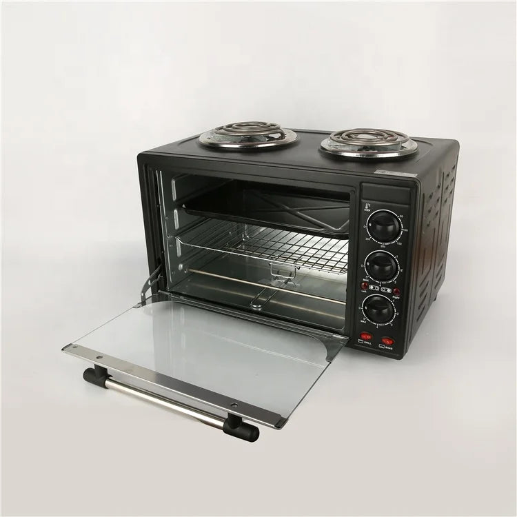 RTS 30L Electric Mini Stove Oven Multi-Functional Household Pizza Maker and Fruit Barbecue Toaster Built-in 2 Hot Plate