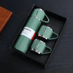 Hot Sale Custom Reusable Coffee Termos Bottle One Cup Two Lid Gift Box Tea Mugs 304 Stainless Steel Vacuum Tea Cup Sets
