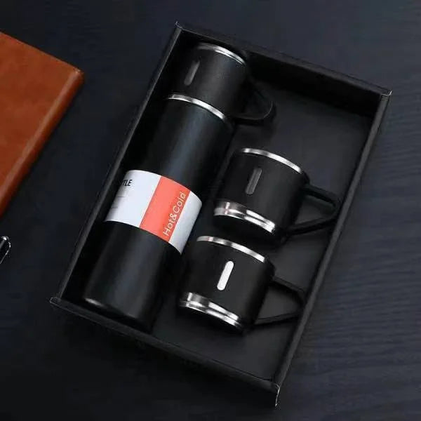 Hot Sale Custom Reusable Coffee Termos Bottle One Cup Two Lid Gift Box Tea Mugs 304 Stainless Steel Vacuum Tea Cup Sets