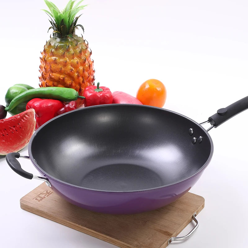 RTS 34CM Chinese Stove Wok Non Stick Stir Fry Cooking Wok Double Handle With Wooden Handle