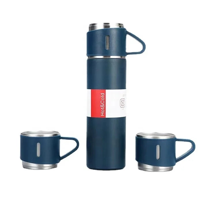 Hot Sale Custom Reusable Coffee Termos Bottle One Cup Two Lid Gift Box Tea Mugs 304 Stainless Steel Vacuum Tea Cup Sets